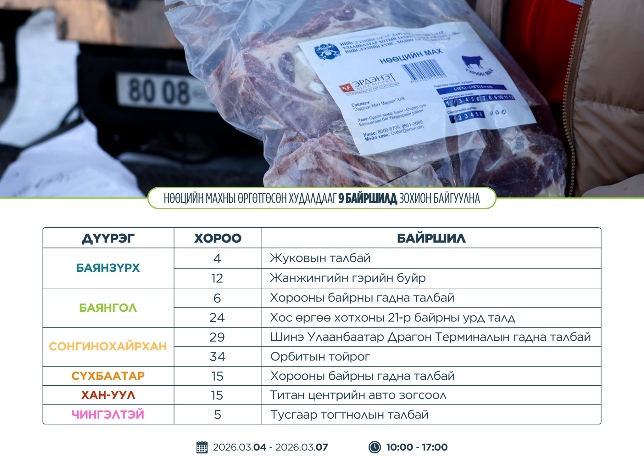 Нөөцийн махны өргөтгөсөн худалдааг 9 байршилд зохион байгуулна